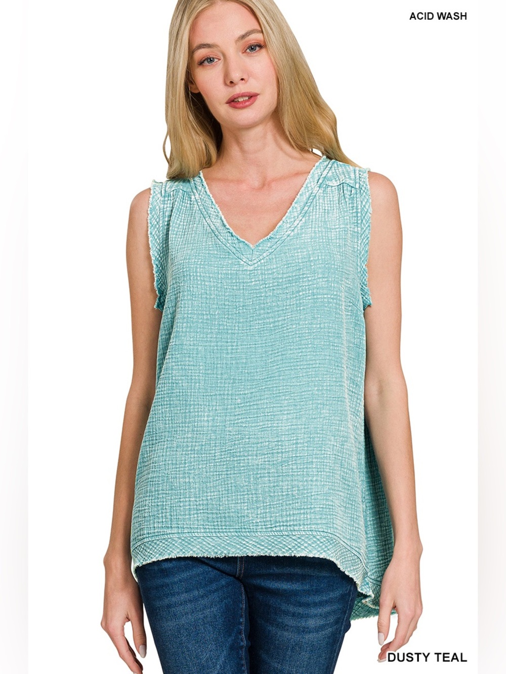 Zenana DOUBLE GAUZE RAW EDGE ACID WASHED TANK TOP